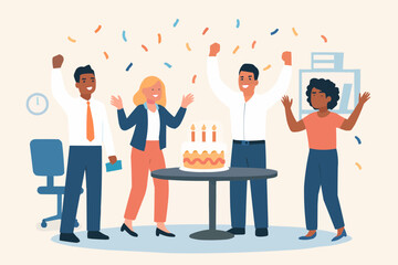 Flat vector of office team celebrating success with cake and confetti, cheerful and inclusive