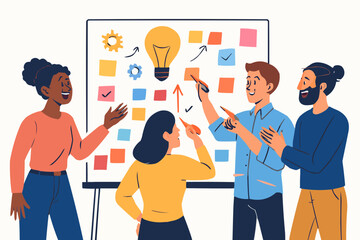 Vector of colleagues brainstorming ideas around whiteboard, energetic and collaborative scene