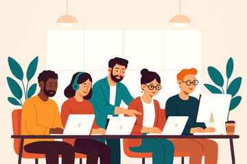 Vector of coworkers working side-by-side in open office, collaboration and harmony