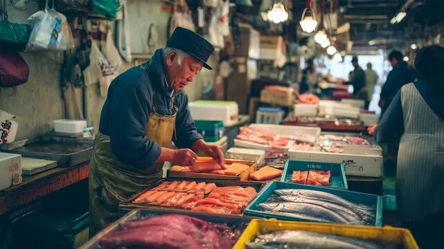 漁師が活気ある朝市で水揚げした魚を選別する様子