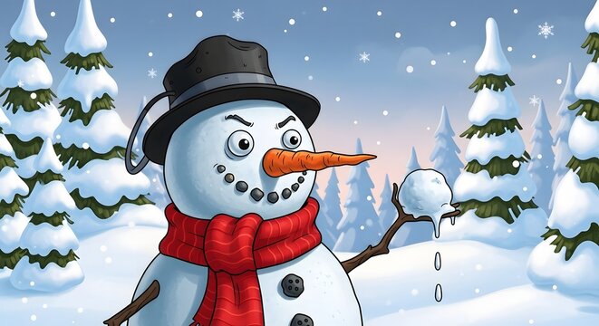 Angry snowman holding melting snowball in a snowy winter scene