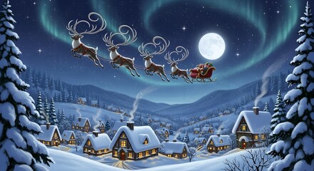 Santa's reindeer sleigh flying over a magical snowy village by night.