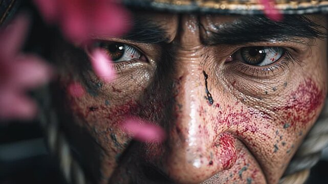 4k video of a samurai in sakura garden.