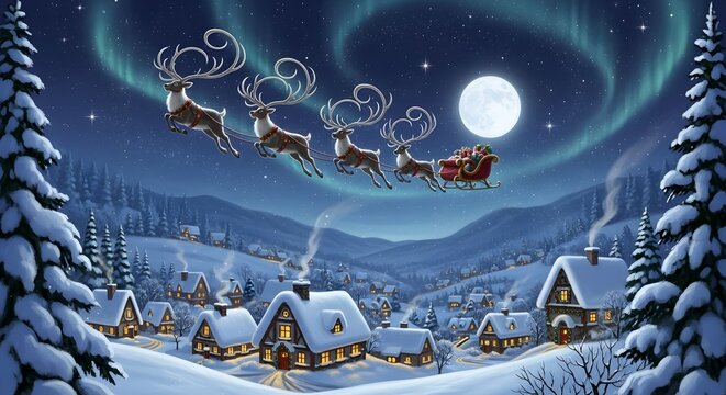 Santa's reindeer sleigh flying over a magical snowy village by night.