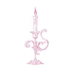 Hand drawn candle illustration. Vintage chandelier sketch. Candle clip art. Candle doodle. Line art, ink, minimalist style. Candles burning. Candelabra and candlestick. Ink sketch set isolated. Retro