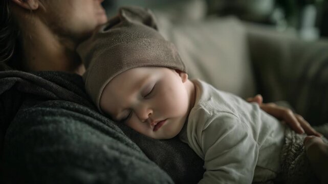 Adorable newborn baby wearing a cute hat sleeping soundly on their parent's chest. This intimate moment of bonding showcases parental love, comfort, and the tranquility of infancy in a cozy home