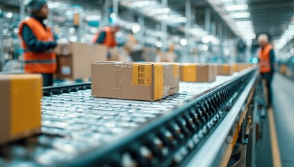 Close-up of workers programming boxes on a conveyor belt in a warehouse, showcasing teamwork and efficiency in a busy setting, with a soft focus on the background.