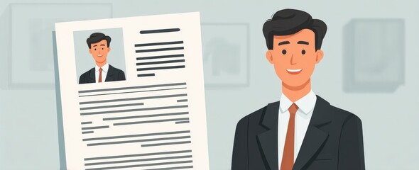 A professional-looking illustration features a smiling man in a suit beside an A4 paper showcasing his profile photo and company details, set against a clean white background.