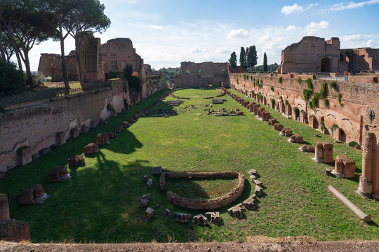 Palatine Stadium (Stadio palatino) part of the Palace of Domitian (Palazzo di Domiziano) of the Palatine Hill, within the archaeological park of the Colosseum, Rome, Italy