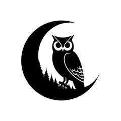 Wise owl perched on crescent moon amidst pine trees under night sky
