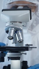 Close up of medical virologist in a hazmat suit, mask, and gloves, diligently working at a microscope in a laboratory researching viruses. Medicine and science concept