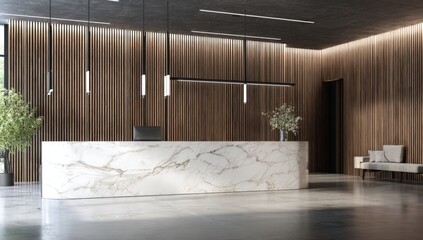 A stylish and modern luxury office interior featuring a striking white marble reception desk complemented by elegant wooden wall panels, exuding sophistication and professionalism.