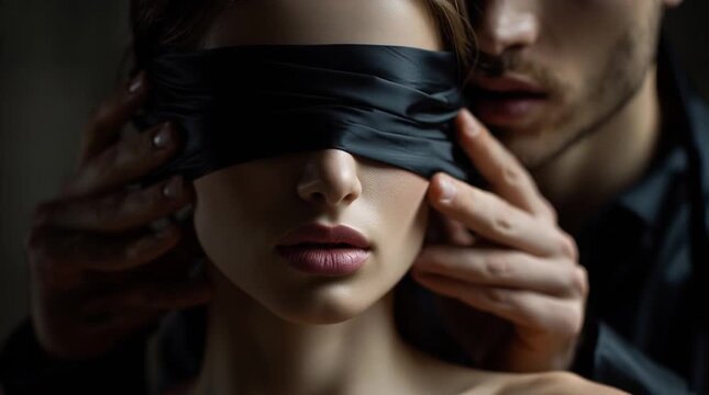 Man whispering to blindfolded woman