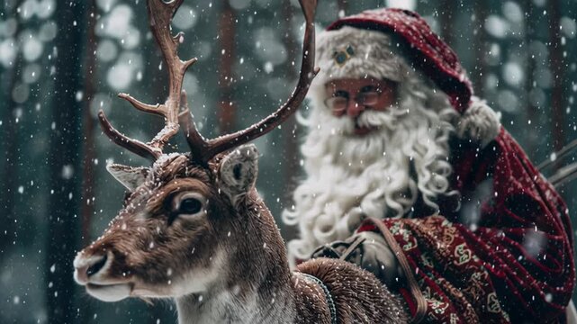 4k video of Santa Claus riding a deer.