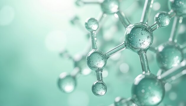 Transparent molecules with water drops. Scientific research for cosmetic and skincare products. Chemical compounds abstract background. Medical formula. Hyaluronic acid structure.