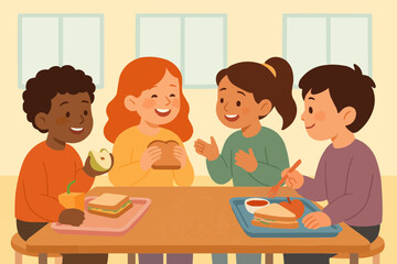 Vector of children sharing lunch and chatting in school cafeteria, warmth and connection