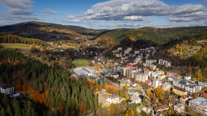 erial view of Krynica-Zdrój, Poland – autumn mountain town surrounded by forests