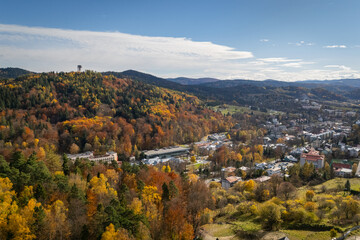 erial view of Krynica-Zdrój, Poland – autumn mountain town surrounded by forests