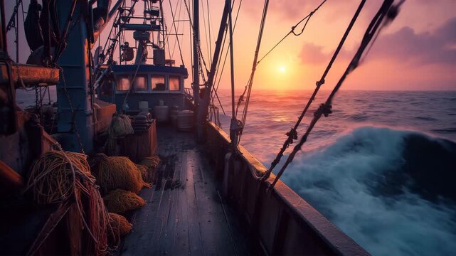 漁師たちが船上でマグロを引き揚げる