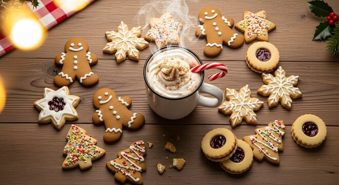 Festive christmas cookies and hot chocolate with candy cane on wood. - Powered by Adobe
