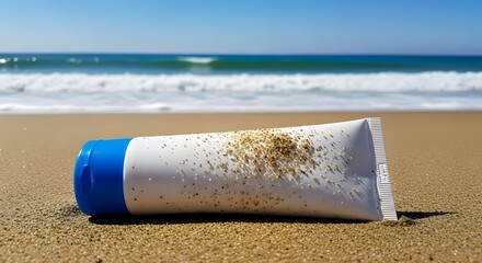 Sunscreen tube on sandy beach with ocean waves in background, summer skincare concept