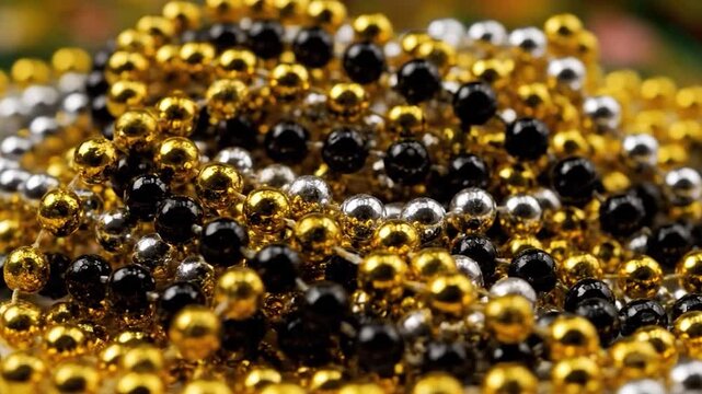 A close-up shot of multiple strands of beads in gold, silver, and black, cascading