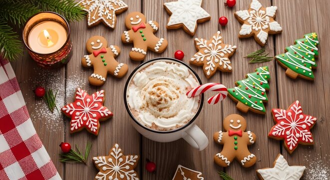 Christmas gingerbread cookies and warm hot cocoa drink on wood