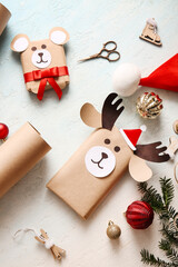 Beautiful composition with present boxes and Christmas toys on blue grunge background