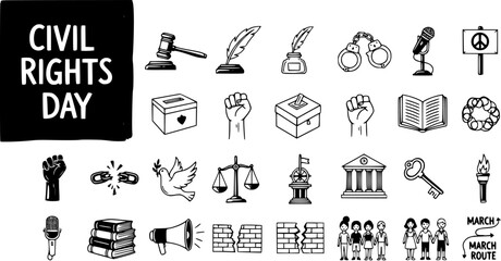 Civil Rights Day Doodle Icon Set: Hand-Drawn Vector Graphics for Social Justice  Equality