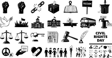 Civil Rights Day Black and White Icons Set: Justice, Freedom, Equality Symbols, Protest, and American History Elements