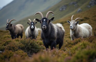 Fototapeta premium Wild mountain goats stand on remote moorland hill, looking directly at camera. Herd of horned mammals graze on rough grass, heather plants. Scenic nature view captures Scottish Highlands wildlife,