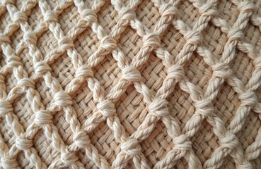 Close up view of beige macrame design with geometric pattern. Natural rope knots create woven net texture over light woven fabric background. Hand-made craft provides cozy, decorative, artisan,