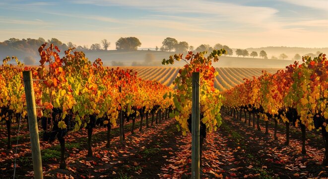 Scenic autumn vineyard landscape with rows of colorful grapevines at sunrise with morning mist
