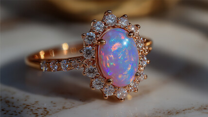 Opal and Diamond Ring. A stunning oval opal gemstone is beautifully encircled by sparkling diamonds, set in a delicate rose gold ring.