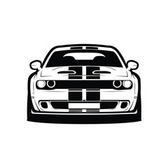 Modern American Muscle Car Front View Monochrome Silhouette Vector Isolated