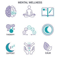 Mental wellness symbols representing therapy, support, and calm in a clean, minimalist layout promoting positive mental health.