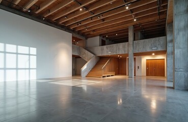 Modern empty building interior with concrete columns and wood ceiling. Natural light streams through large windows onto a polished floor. Features a wooden staircase and multiple doors.