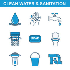 Collection of line art symbols representing clean water and sanitation solutions for global health and hygiene initiatives.