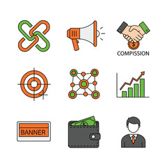 Business elements representing various concepts such as partnership, marketing, finance, and growth on a clean white backdrop.