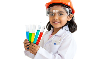 Young girl wearing safety goggles and lab coat holding colorful test tubes in her hands isolated on white background enthusiastic for science experiments and learning