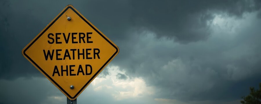 Yellow road sign warns of severe weather. The sign with black letters set against dramatic stormy clouds. Roadside caution signal anticipates upcoming storm conditions