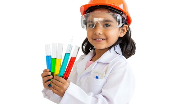 Young girl wearing safety goggles and lab coat holding colorful test tubes in her hands isolated on white background enthusiastic for science experiments and learning