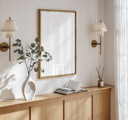 Mock up poster frame in living room interior. Interior Scandinavian style. 3d render