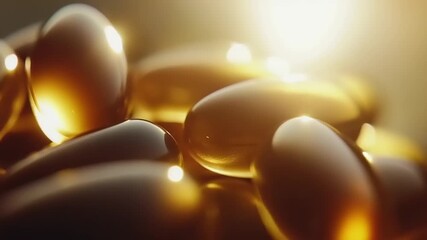 of golden oil-filled gel capsules illuminated by bright light - Powered by Adobe