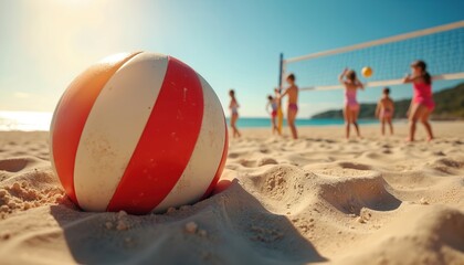 Volleyball ball rests on sandy shore. Children play volleyball game at the beach on summer vacation. Sunny day at sea. Concept of fun leisure recreation outdoor activity for kids.