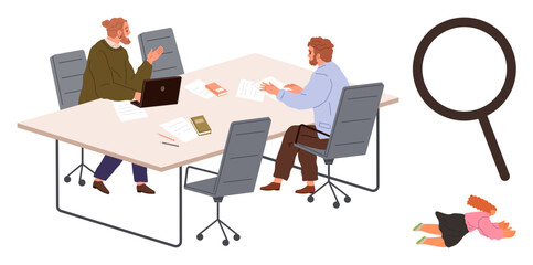 Colleagues at a table reviewing files, surrounded by office chairs, with magnifying glass and lying figure. Ideal for investigation, analysis, teamwork, crime solving, research, mystery workplace