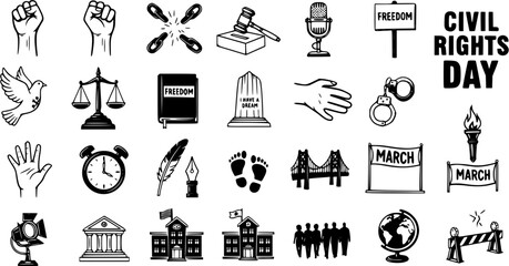 Civil Rights Day Icons: Freedom, Justice, and Equality in Symbolic Black and White Illustrations
