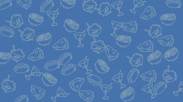 Food pattern doodle featuring blue cheese bowls and other whimsical food drawings. Suitable for menu design, kitchen decor, food blogs.