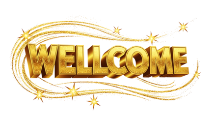 Golden wellcome text with sparkling trails and stars against a black background in a graphic design on transparent background
