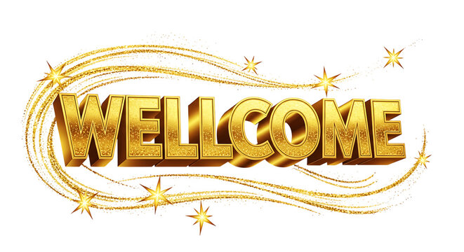 Golden wellcome text with sparkling trails and stars against a black background in a graphic design on transparent background